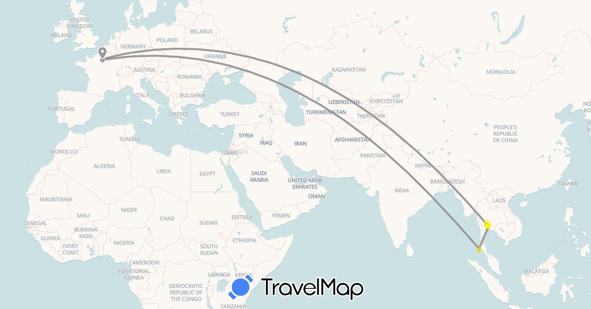 TravelMap itinerary: driving, bus, plane in France, Thailand (Asia, Europe)