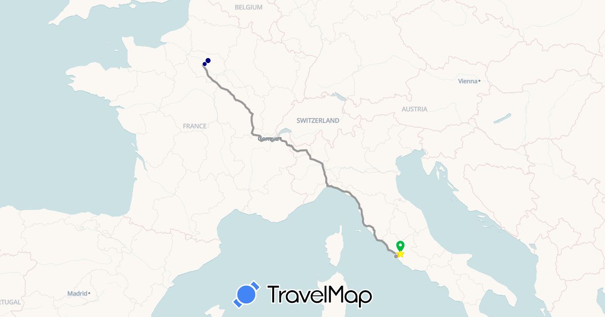 TravelMap itinerary: driving, bus, plane in France, Italy, Vatican City (Europe)