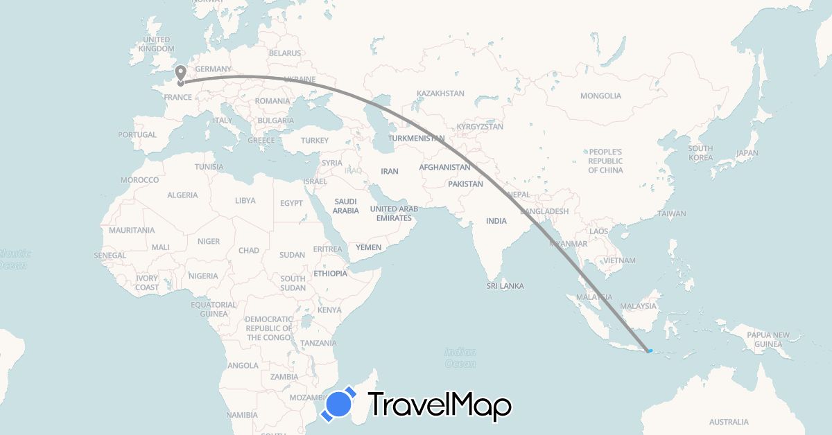 TravelMap itinerary: driving, plane, boat in France, Indonesia (Asia, Europe)